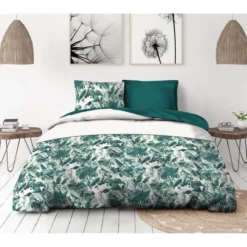 COUETTES ET CETERA Parure De Couette Tropical - 1 Housse De Couette 240 X 260 Cm + 2 Taies 65 X 65 Cm - Vert Et Blanc