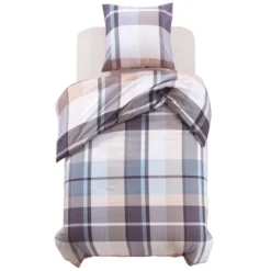 Jeu De Housse De Couette Carreaux Kaki 135x200/80x80 Cm