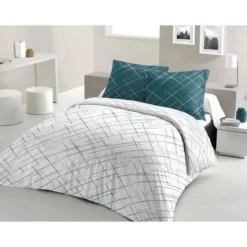 LOVELY HOME Parure De Couette Coton CRISSCROSS - Bleu Canard - 240x260 Cm