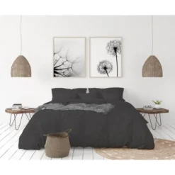 LOVELY HOME Parure De Couette En 100% Lin 220x300 Cm + 1 Drap Housse 140 X 190 Cm + 2 Taies 65x65cm - Coloris Gris Anthracite
