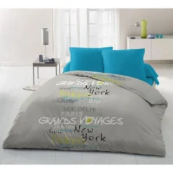 Parure De Couette Microfibre GRAND VOYAGE - 1 Housse De Couette 220x240 Cm + 2 Taies 63x63 Cm - Gris Et Bleu