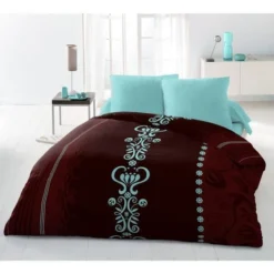 Parure De Couette Microfibre JULIETTE - 1 Housse De Couette 220x240 Cm + 2 Taies 63x63 Cm - Chocolat Et Turquoise
