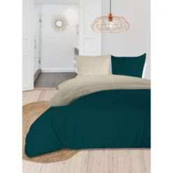 SOLEIL D'OCRE Parure De Couette Bicolore - Coton Lavé - 220 X 240 Cm - Bleu Canard Et écru