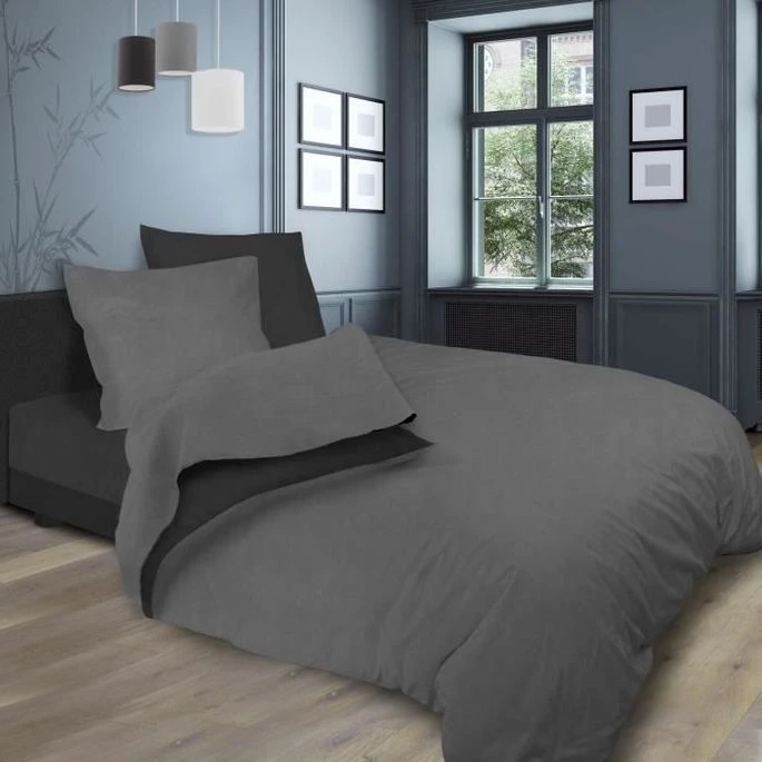 SOLEIL D'OCRE Parure De Lit Bicolore - Coton Lavé - 240 X 290 Cm - Gris Et Gris Anthracite 1 SOLEIL D'OCRE Parure De Lit Bicolore - Coton Lavé - 240 X 290 Cm - Gris Et Gris Anthracite