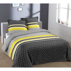 VISION Parure De Couette Lisa - 100% Coton - 1 Housse De Couette 220 X 240 Cm + 2 Taies D'oreiller 65 X 65 Cm - Jaune Et Gris