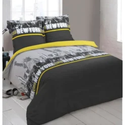 VISION Parure De Couette New York - 100% Coton - 1 Housse De Couette 220 X 240 Cm + 2 Taies D'oreiller 65 X 65 Cm - Gris Et Jaune